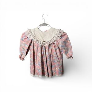 Vintage 1980s Bryan Pink Floral Long Sleeve Lace Bibbed Party Dress 3T